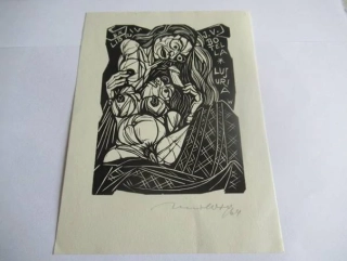 Exlibris – J. V. Botella – Rene Wolf – Expresivní erotický motiv (Luxuria) – 16×12 cm – linořez / linoryt (X3)