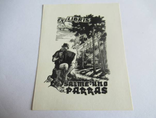 Exlibris – Salme und Parras – Enn Kera – Hráč na akordeon u lesní chalupy – 9×7 cm – dřevoryt (X2)