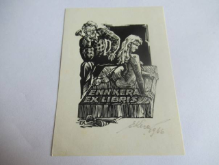 Exlibris – Enn Kera – Enn Kera – Sochař v ateliéru s ženským aktem – 9×6,5 cm – dřevoryt (X2)