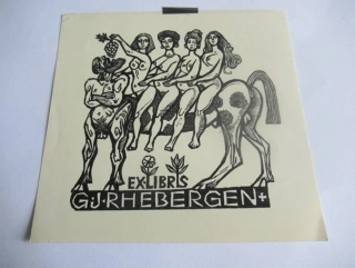 Exlibris – G. J. Rhebergen – Zdeněk Mézl – Kentaur a čtyři ženské akty – 13,5×14 cm – dřevoryt (X2)