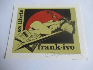 Exlibris – Willy Braspenninckx – Frank-Ivo van Damme – Ležící ženský akt s rozevřenou knihou – 12,5×10 cm – tříbarevný linoryt / sítotisk