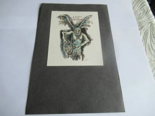 Exlibris – J. Hlaváček – Miroslav Matouš – Upír – 12×9,5 cm – tříbarevný linořez (L1/3)