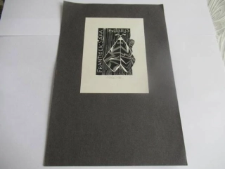 Exlibris – František Šára – Přemysl Rolčík – Noční motýl (Můra) na kůře stromu – 11×8 cm – dřevoryt (X2)