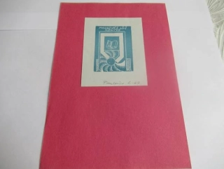 Originální exlibris Paulovics L.(L.) – Paulovics László: Geometrická kompozice s knihou, linoryt (X3) – 9,5×7,5 cm (1967)