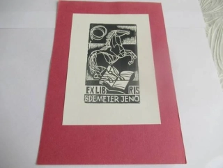 Originální exlibris Demeter Jenő – Paulovics László: Vzpínající se kůň s knihou, linoryt (X3) – 14,5×10 cm (1974)