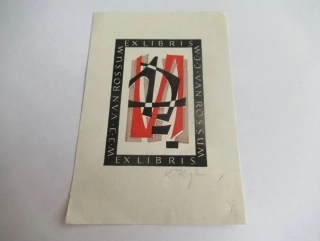 Exlibris – W. J. J. van Rossum – Ryszard Krzywka – motiv: Abstraktní geometrická kompozice s monogramem – 10×7 cm – dřevoryt (X2)
