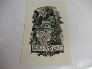 Exlibris – Dr. Hans Laut – Edward Kuczyński – motiv: Krajina s oráčem a německým citátem – 13,5×8,5 cm – dřevoryt (X2)