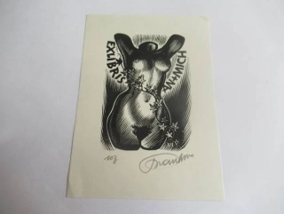 Exlibris – An+Mich – Frank-Ivo van Damme – motiv: Ženský torzo (akt) břečťanem ovinutý – 10,5×7,5 cm – dřevoryt (X2)