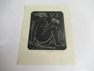 Exlibris – VS – Rastislav Michal – motiv: Sedící ženský akt s hroznem vína – 11×9 cm – dřevoryt (X2)