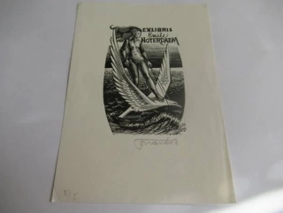 Exlibris – Emile Noterdaem – Frank-Ivo van Damme – motiv: Ženský akt na letící labuti – 15×10,5 cm – dřevoryt (X2)