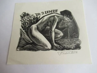 Exlibris – Dr. J. Lenze – Frank-Ivo van Damme – motiv: Klečící muž u studánky (pramene) – 10×11,5 cm – dřevoryt (X2)