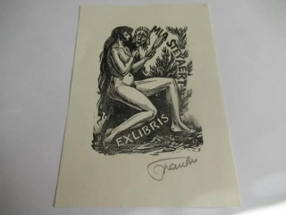 Exlibris – Mia Steyaert – Frank-Ivo van Damme – motiv: Klečící žena s maskou a zrcadlem – 15×10 cm – dřevoryt (X2)