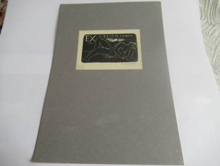 Exlibris – M. Janča – Rastislav Michal – motiv: Ležící ženský akt – 7×10 cm – dřevoryt (X2) (pasparta 22×15 cm)