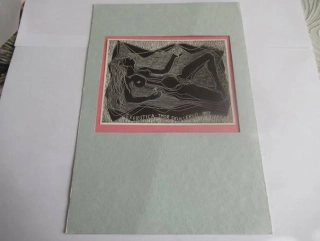 Exlibris – Thor Skullerud – Muggi Wille-Nielsen – motiv: Ex Erotica (Ležící ženský akt) – 9,2×12,1 cm – zinkografie (pasparta 22×15,5 cm)