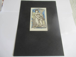 Exlibris – Dr. Anna Lerperger – Jan Battermann – motiv: Ženský akt (Vodnářka) vylévající vodu z amfory – 13×8,5 cm – barevný linoryt (pasparta 22,5×15,5 cm)