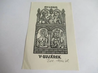 Exlibris – V. Bujárek – Zdeněk Mézl – motiv: Čtyři postavy v gotických arkádách – 14,5×9,5 cm – dřevoryt (X2)