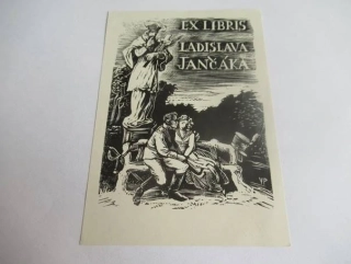 Exlibris – Ladislava Jančáka – Václav Polívka – motiv: Milenecká dvojice na lavičce pod sochou sv. Jana Nepomuckého – 12×8,5 cm – dřevoryt (X2)