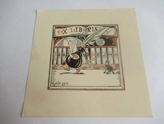 Exlibris – Ferdinanda Hejny – Václav Rytíř – motiv: Kráčející kalamář s perem a knihovna – 11×11 cm – barevná zinkografie
