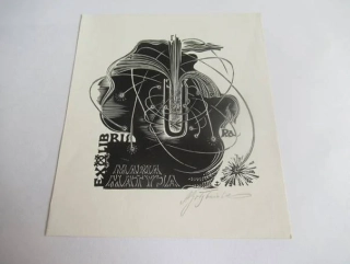 Exlibris – Marta Matyja – Antoni Gołębniak – motiv: Abstraktní kosmická a vědecká kompozice (U-Ra) – 12×10,5 cm – dřevoryt (X2)