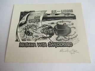Exlibris – Bolesława Wita Święcickiego – Stanisław Rolicz – motiv: Mravenec a brouk u novin Głos Wybrzeża – 10×12 cm – dřevoryt (X2)