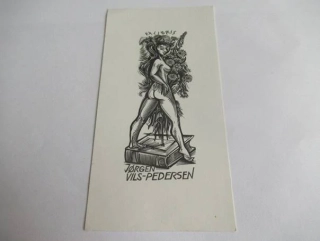 Exlibris – Jørgen Vils-Pedersen – Gerard Gaudaen – motiv: Ex Erotica (Ženský akt na knize doplňovaný květinami) – 13,5×7 cm – dřevoryt (X2)
