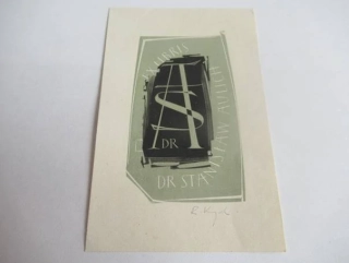 Exlibris – Dr. Stanisław Aulich – Ryszard Krzywka – motiv: Abstraktní knižní kompozice s monogramem SA – 11×7 cm – dvoubarevný dřevoryt (X2/2)