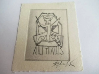 Exlibris – Richard Mutso – Nečitelný autor – motiv: Abstraktní geometrická maska (tvář) – 7,5×6,5 cm – hlubotisk (lept)