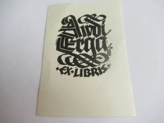 Exlibris – Audi Erga – P. Reerand – motiv: Exlibris vyvedený v ozdobné gotické kaligrafii – 10×7 cm – linoryt (X3)