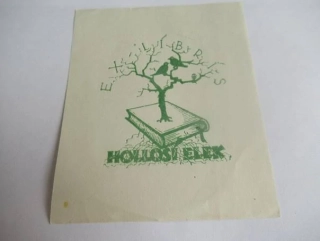 Exlibris – Hollósi Elek – Schwartz Margit – motiv: Dva ptáci (havrani) na uschlém stromě rostoucím z knihy – 11,5×9,5 cm – linoryt