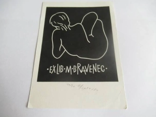 Exlibris – M. Bravenec – Karel Fiala – motiv: Ležící ženský akt zezadu – 14,5×10,5 cm – linoryt (X3)
