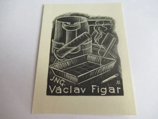 Exlibris – JNG. Václav Figar – Mrkvičková-Hlobilová – motiv: Fotografická laboratoř s vývojkou a miskou – 9×6,5 cm – dřevoryt (X2)