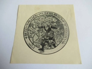 Exlibris – Betti Walther geb. v. Gebhardt – Prof. Eduard von Gebhardt – motiv: Žena prodírající se trním za růží – 10×10 cm – zinkografie (klišé) – 1895