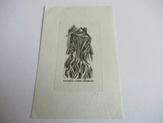 Exlibris – Józef Ondrusz – Wojciech Jakubowski – motiv: Strom prorůstající domem (kořeny a klas) – 10×6,5 cm – mědiryt (C2) – 1967