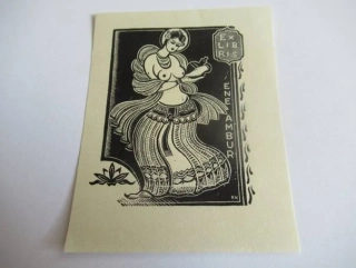 Exlibris – Ene Ambur – Konstantin Kozlovski – motiv: Orientální tanečnice (akt) – 9×7 cm – dřevoryt (X2)