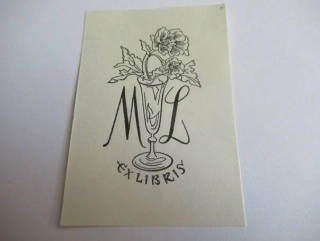 Exlibris – ML – J. Vodrážka – motiv: Květiny ve sklenici na stopce – 7×5 cm – zinkografie (zk) – 1942