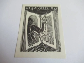 Exlibris – ir. C. J. Asselbergs – W. J. Rozendaal – motiv: Jednorožec vystupující z otevřené knihy – 9×7 cm – dřevoryt (X2) – 1935