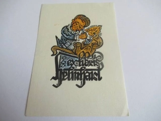 Exlibris – Helmhart – Max Kislinger – motiv: Lékař vyšetřující kočku stetoskopem – 11,5×8 cm – barevný dřevoryt (X2)