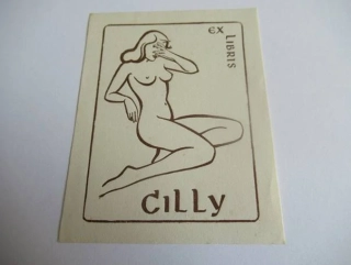 Exlibris – Cilly – Olaf Jaer – motiv: Sedící ženský akt – 9,5×7,5 cm – zinkografie (klišé) – 1948