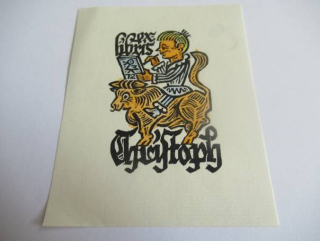Exlibris – Christoph – Max Kislinger – motiv: Chlapec jedoucí na býkovi – 10,5×8,5 cm – barevný dřevoryt (X2)
