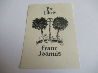 Exlibris – Franz Joannis – Eduard Wengert – motiv: Kalvárie mezi stromy v Ellwangenu – 9×6,5 cm – zinkografie / klišé