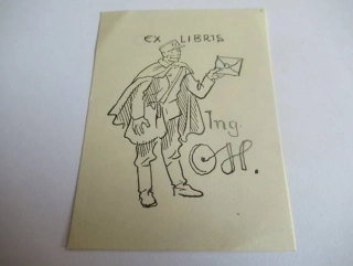 Exlibris – Ing. O. H. – Jaroslav Vodrážka – motiv: Pošťák (listonoš) s dopisem – 8,5×6,5 cm – zinkografie (zk) – 1942