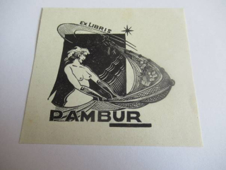 Exlibris – P. Ambur – Konstantin Kozlovski – motiv: Žena vtahující síť plnou knih – 7,5×7,5 cm – dřevoryt (X2)