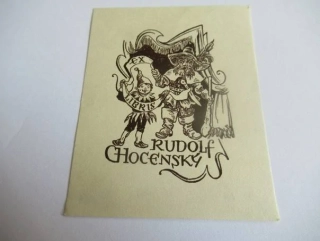 Exlibris – Rudolf Hocenský – Jaroslav Vodrážka – motiv: Kašpárek a divadelní postava pod oponou – 9×7 cm – zinkografie (zk) – 1943