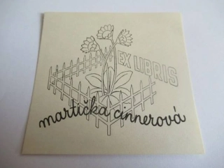 Exlibris – Martička Cinnerová – Otakar Váša – motiv: Rostlina v ohrádce (sedmikrásky) – 7×7,5 cm – zinkografie (zk) – 1944