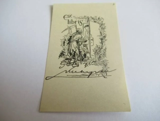 Exlibris – J. Vodrážka – Jaroslav Vodrážka – motiv: Smrtka klepající na dveře ustrašeného muže (Vanitas) – 7,5×5 cm – zinkografie (zk) – 1940