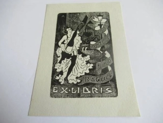 Exlibris – Juan Arturo Sedó Ragull – François D'Aquin – motiv: Tanečnice kankánu u Moulin Rouge (Paříž) – 13,5×9,5 cm – dřevoryt (X2) – 1959
