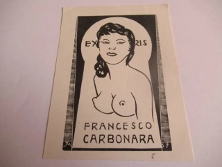 Exlibris – Francesco Carbonara – J. Mercier – motiv: Ženský polonahý akt v klíčové dírce (Erotika / Voyeurismus) – 10,5×8 cm – dřevoryt (X2) – 1957