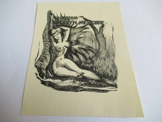 Exlibris – Jocelyn Mercier – J. Chorro Solbes – motiv: Ležící ženský akt v divoké přírodě (Erotika / Nymfa) – 10,5×8 cm – dřevoryt (X2) – 1978