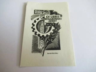 Exlibris – Kołakowski Jerzy – W. Barylski – motiv: Ozubené kolo, kladivo a trnová ratolest – 8×5,5 cm – dřevoryt (X2)