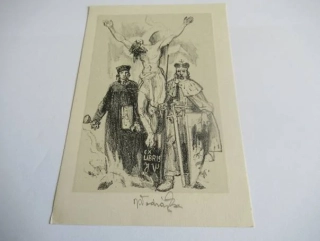 Exlibris – J. V. – Jaroslav Vodrážka – motiv: Ukřižovaný Kristus, Jan Hus a král Václav IV. – 15×10 cm – lithografie – 1941